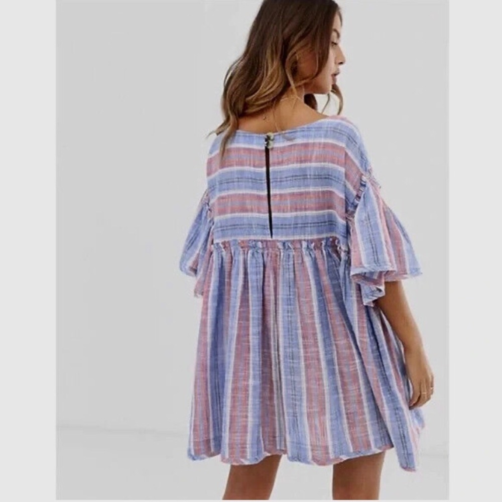 FREE PEOPLE SUMMER NIGHTS STRIPED COTTON TUNIC MINI DRESS SHORT BELL-SLEEVE TOP - Picture 1 of 16